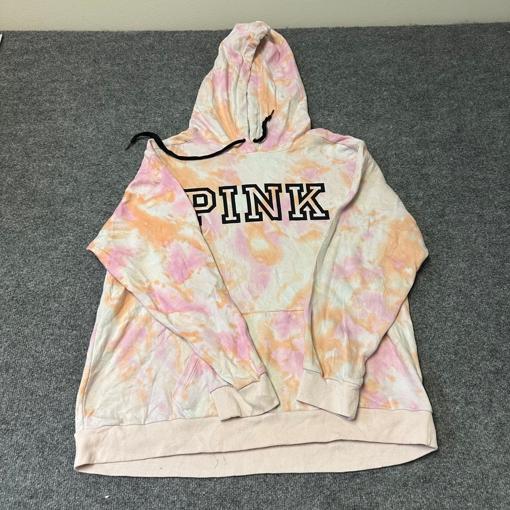 PINK Victoria's Secret Hoodie Womens Size L Pink Orange Tie Dye Pullover Logo